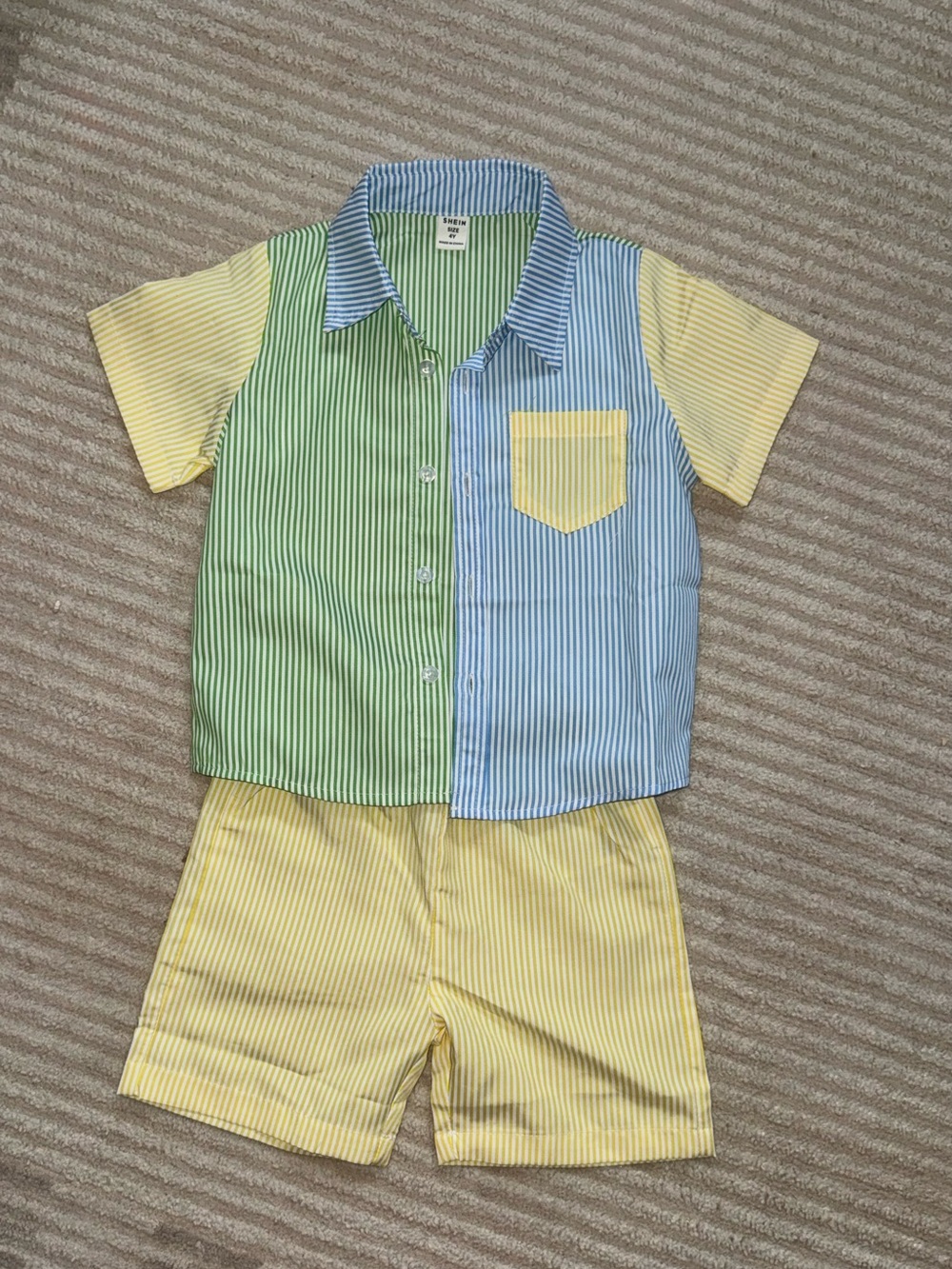 Colorblock Striped Short Set - Yellow, White Green & Blue Casual Set
